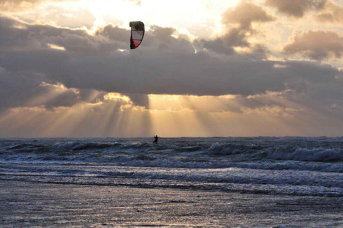 Kitesurfer On The Sea At Sunset, Cayeux-Sur-Mer, Bay Of Somme, Somme (80), France