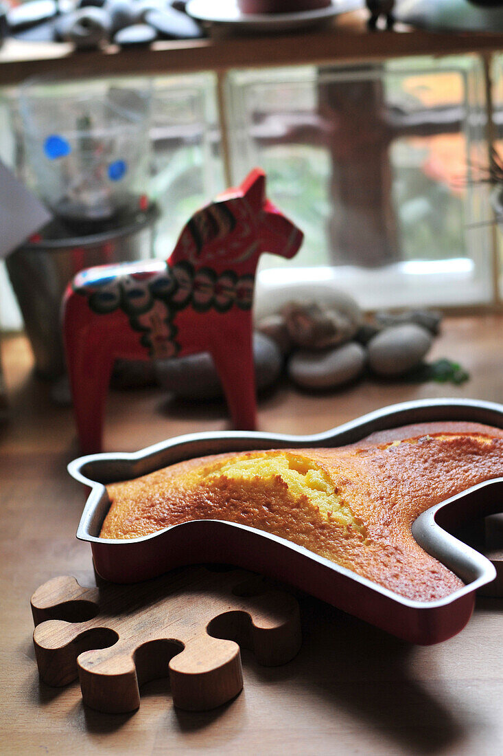 Cake In The Shape Of A Horse In A Colorful Metal Mold, Home-Made Pastries
