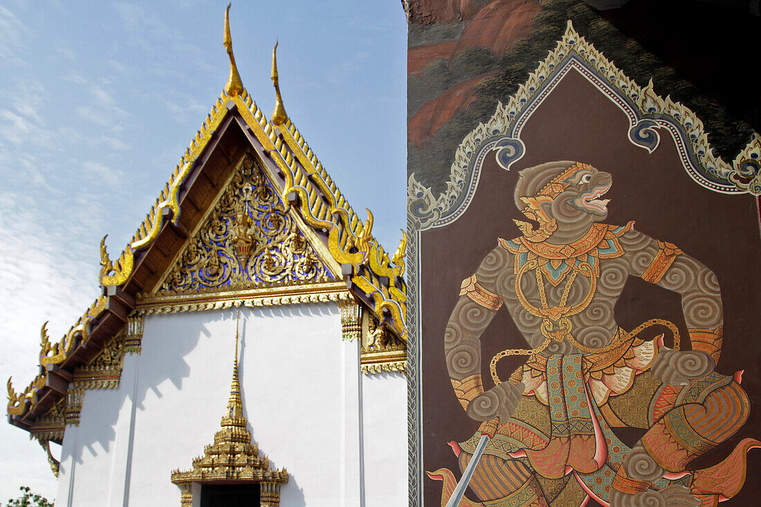 Apsari, Celestial Nymph Dancing For The Gods' Enjoyment, Painting In The Wat Phra Kaeo (Wat Phra Kaew) Or Temple Of The Emerald Buddha, Situated Within The Grounds Of The Royal Palace, Bangkok, Thailand, Asia