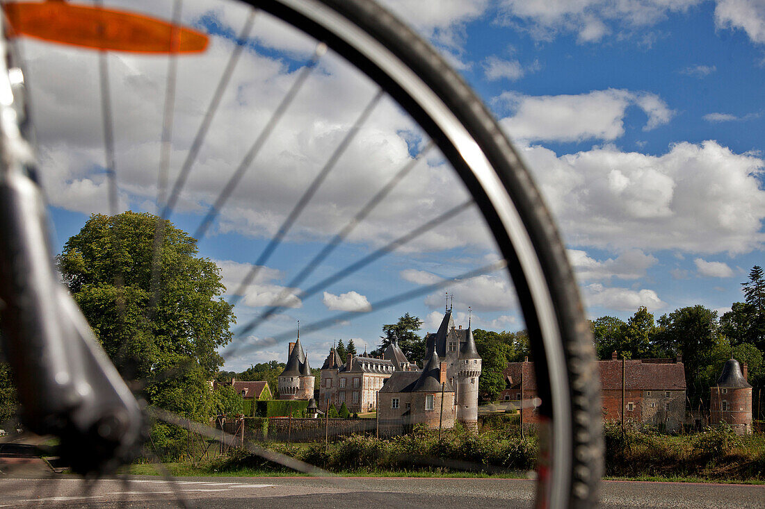 Bicycle Tourists Passing In Front Of The Chateau De Fraze In The Perche, Eure-Et-Loir (28), France