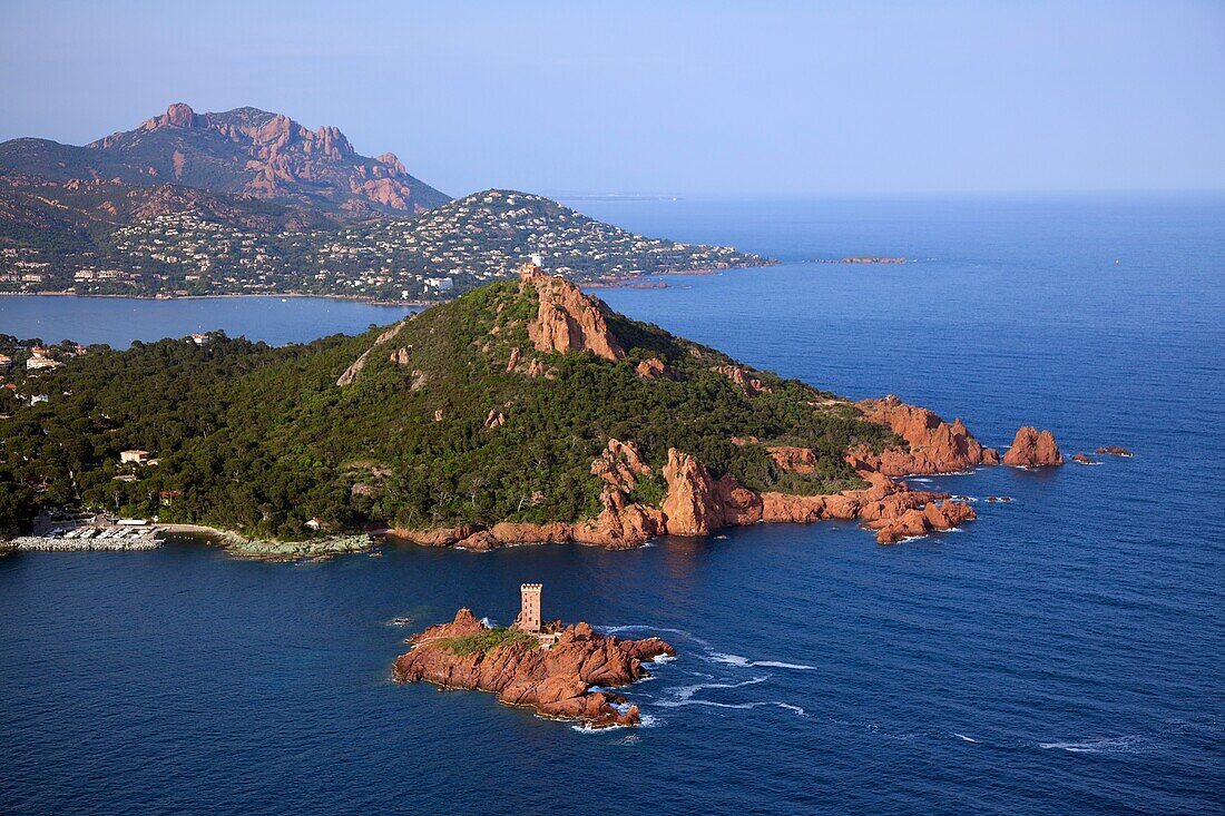 France, Var (83), The Esterel, the tip, and the lighthouse Dramont, the cornice of gold (aerial photo)