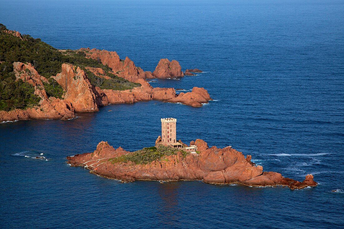 France, Var (83), The Esterel, the tip, and the lighthouse Dramont, the cornice of gold (aerial photo)