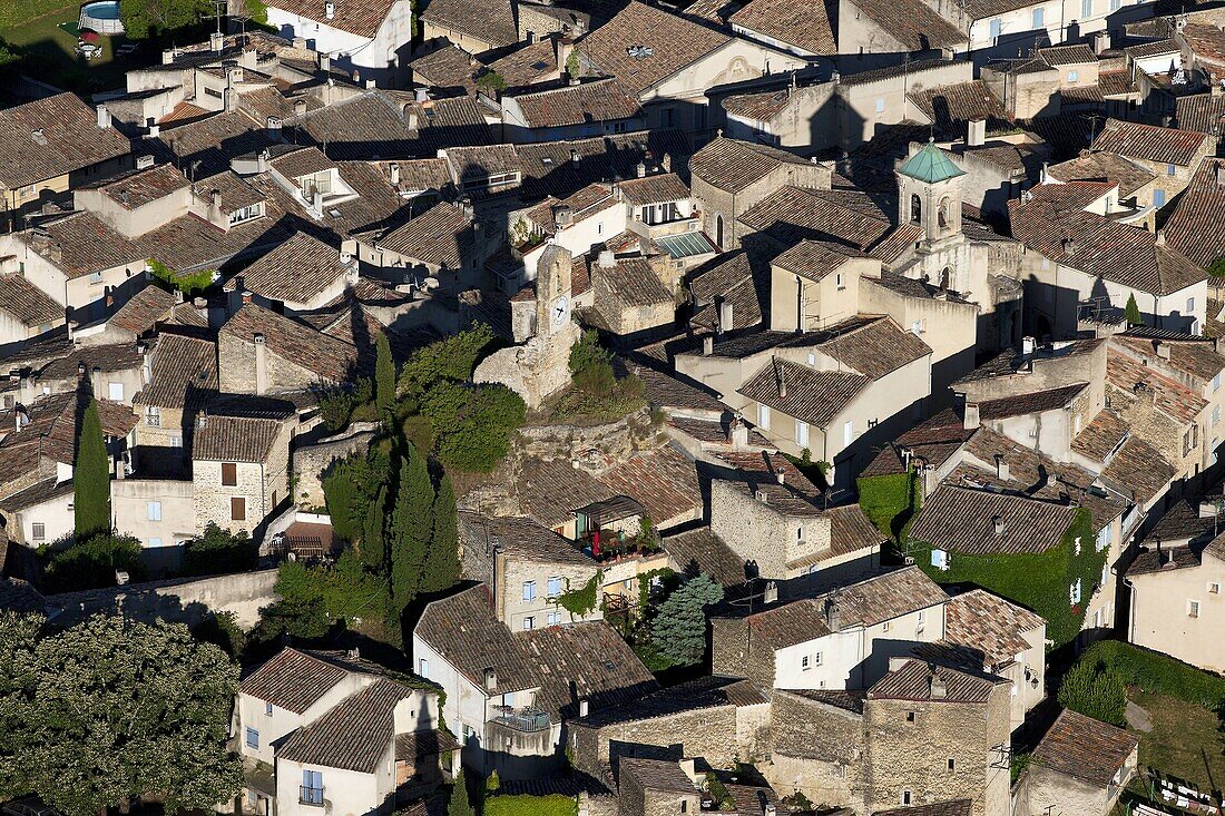 France, Vaucluse, (84), Lourmarin village in southern Luberon, village labeled The Most Beautiful Villages of France (aerial photo)