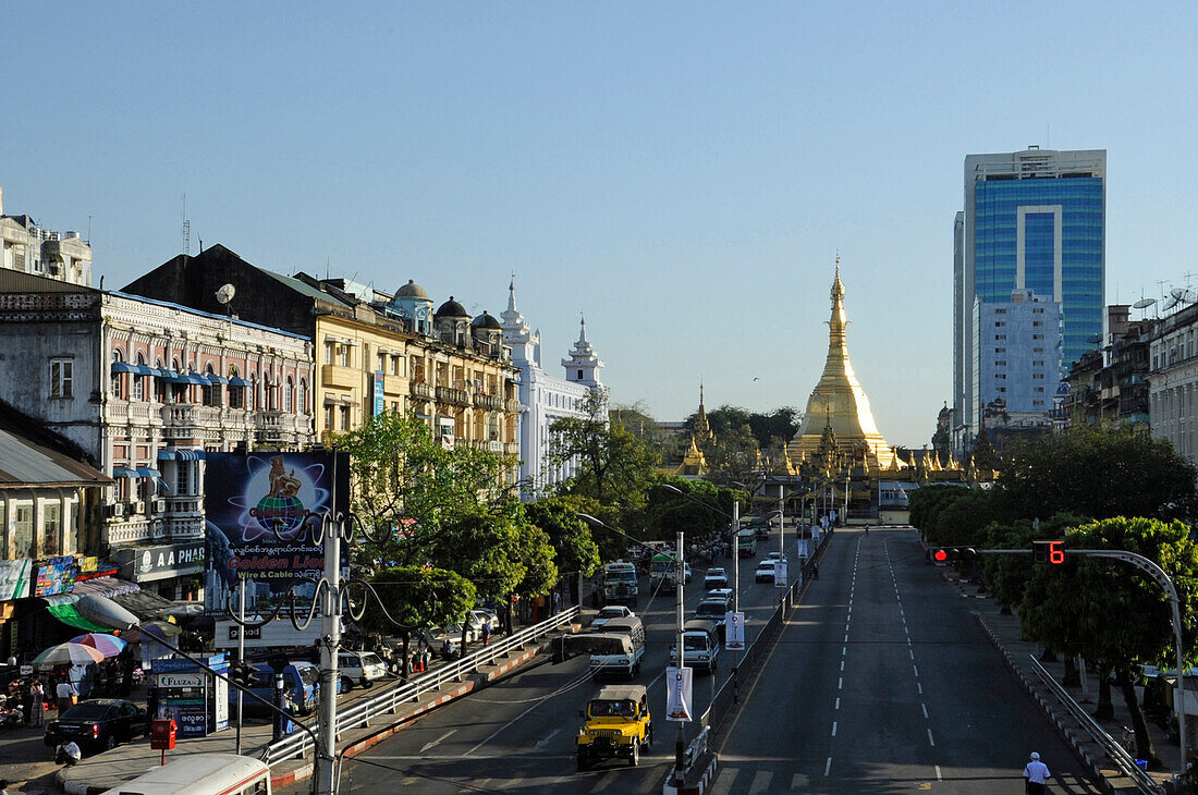 Myanmar Burma Yangon view on the SULE avenue and the SULE pagoda in he very center of Yangon