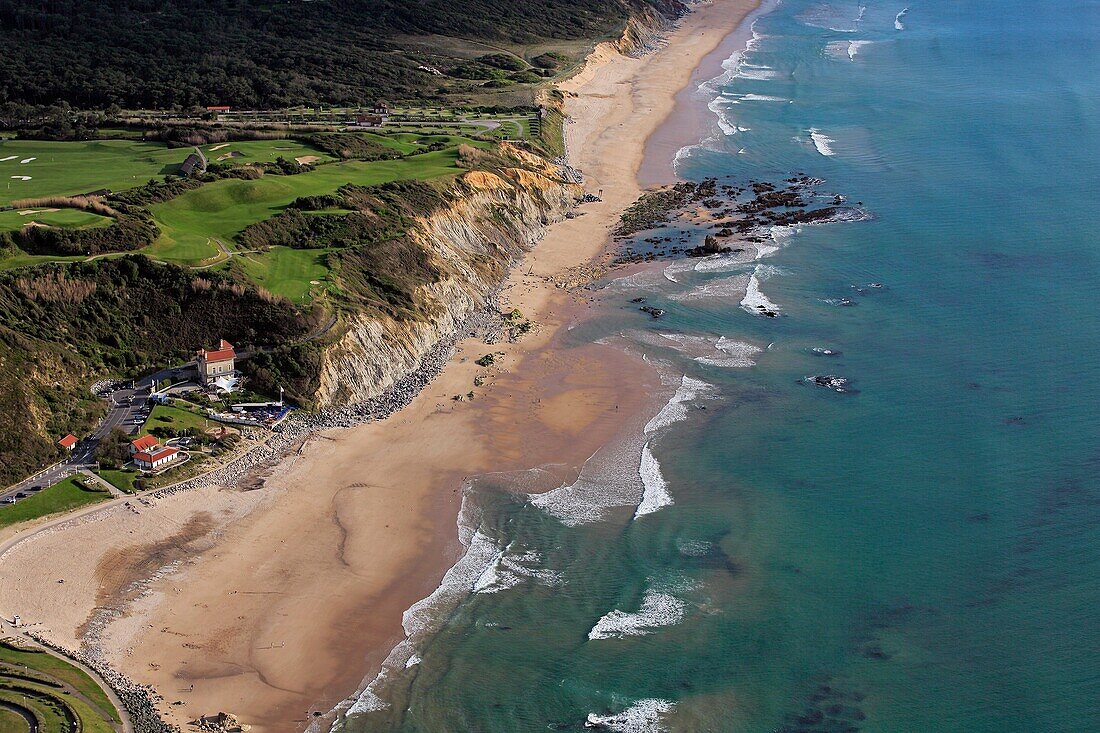 France, Pyrenees-Atlantiques (64), Biarritz, the rating of Silver, the coastline with its limestone cliffs, (aerial photo)