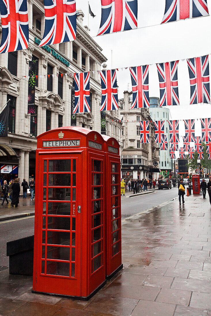 UK, London City, Telephone booths, Great Britain flags