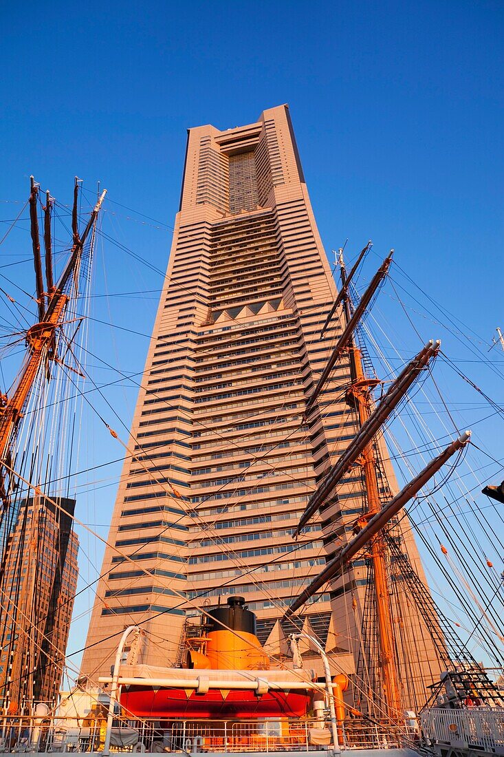 Japan,Tokyo,Yokohama,Landmark Tower Building and Nippon Maru Sail Training Ship