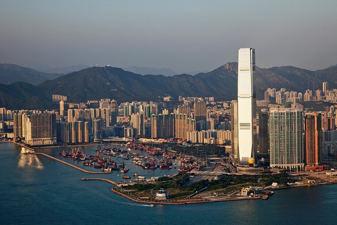 China,Hong Kong,View from Victoria Peak,West Kowloon Skyline and International Commerce Centre Building (ICC)
