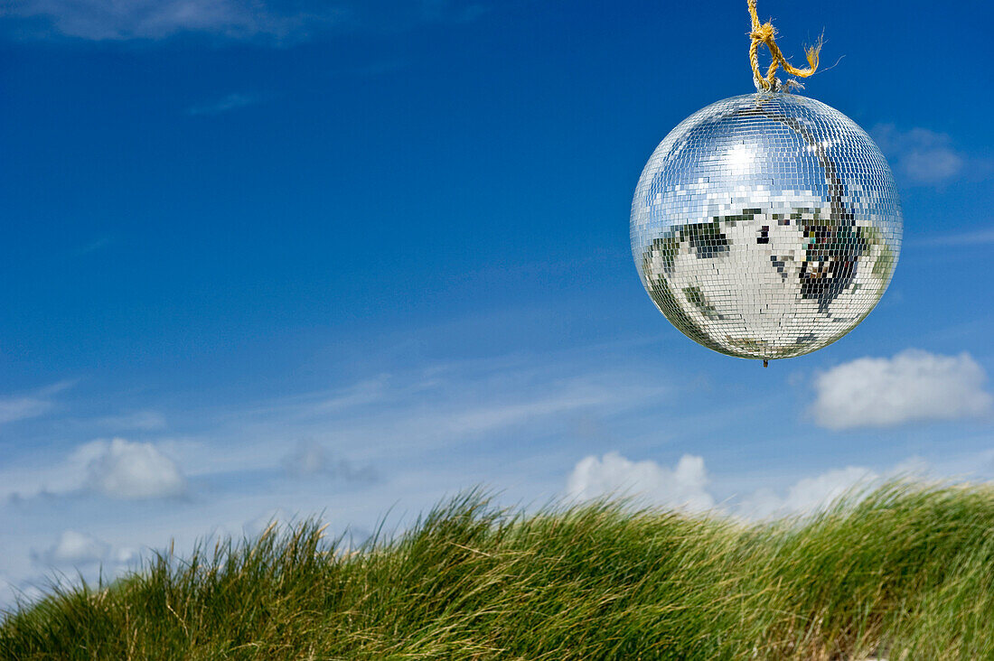 Glitter ball and sand dunes, near Nebel, Amrum, North Frisian Islands, Schleswig-Holstein, Germany