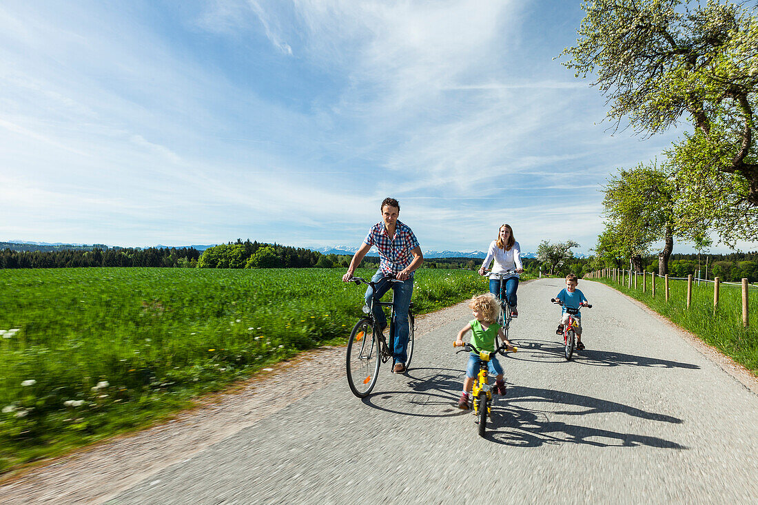 Family cycling, Upper Bavaria, Germany