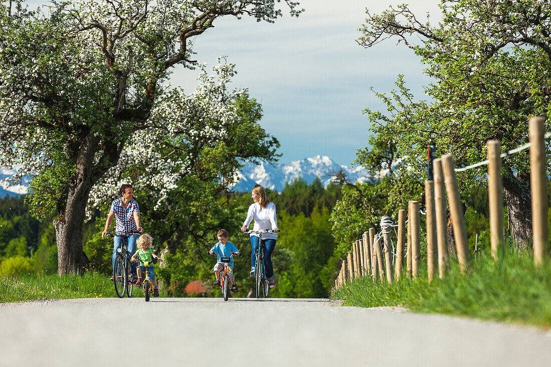 Family cycling, Upper Bavaria, Germany