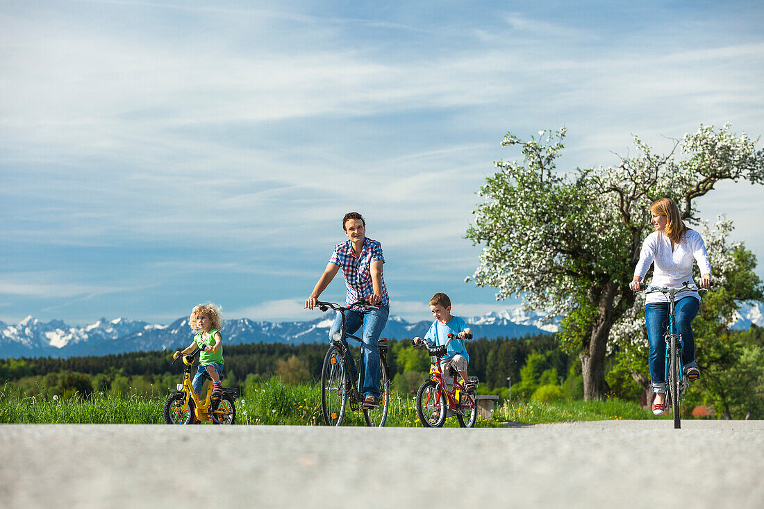 Familie fährt Fahrrad, Oberbayern, Bayern, Deutschland