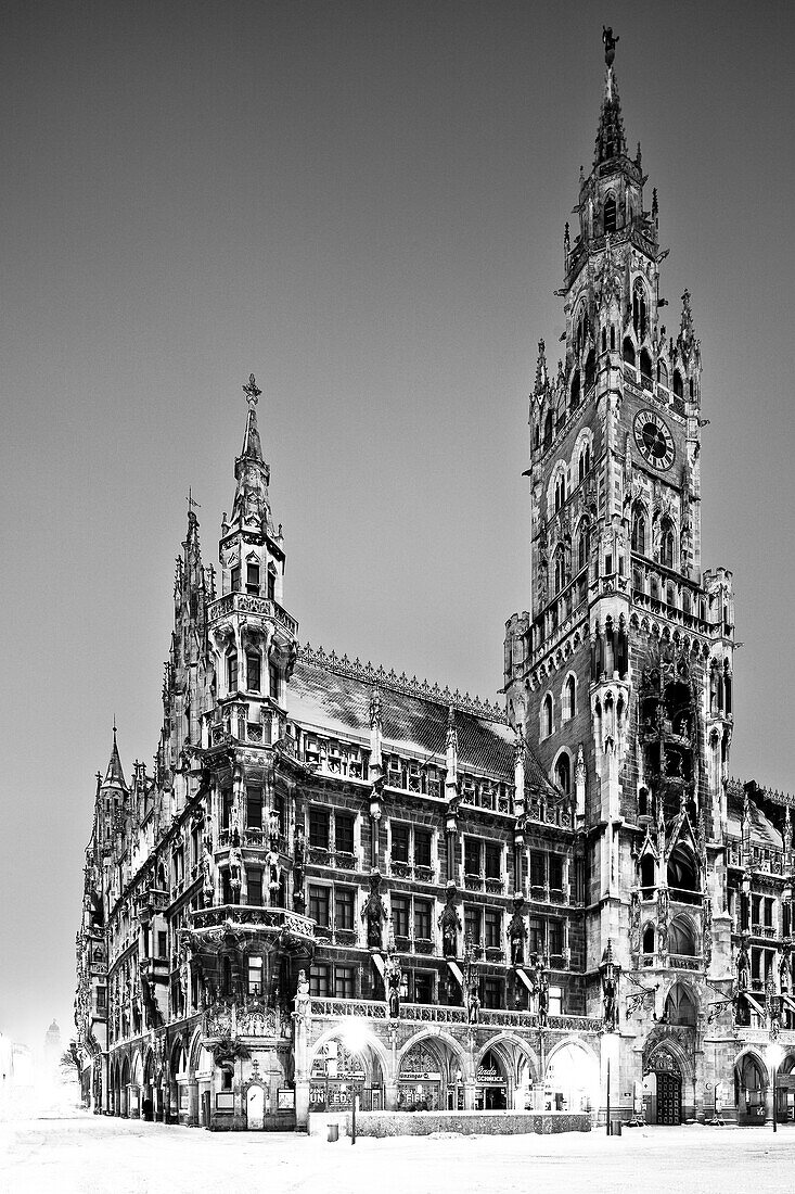 Rathaus am Marienplatz im Winter bei Morgendämmerung, München, Oberbayern, Bayern, Deutschland