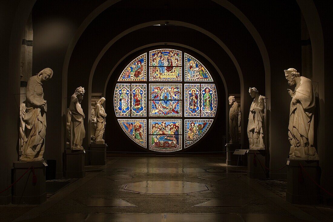 europe, italy, tuscany, siena, museum opera metropolitana, mosaic stained-glass window by duccio di buoninsegna