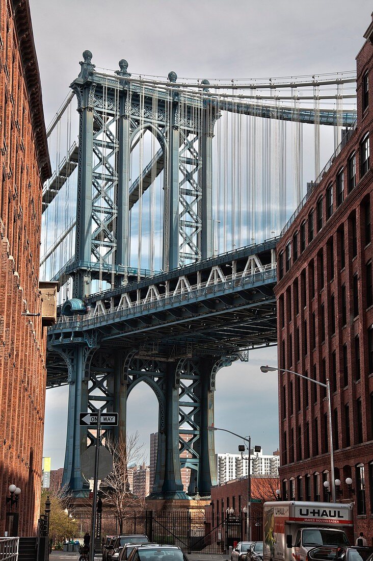 Manhattan Bridge viewed from Brooklyn New York City, United States of America  Designed by Leon Moisseiff