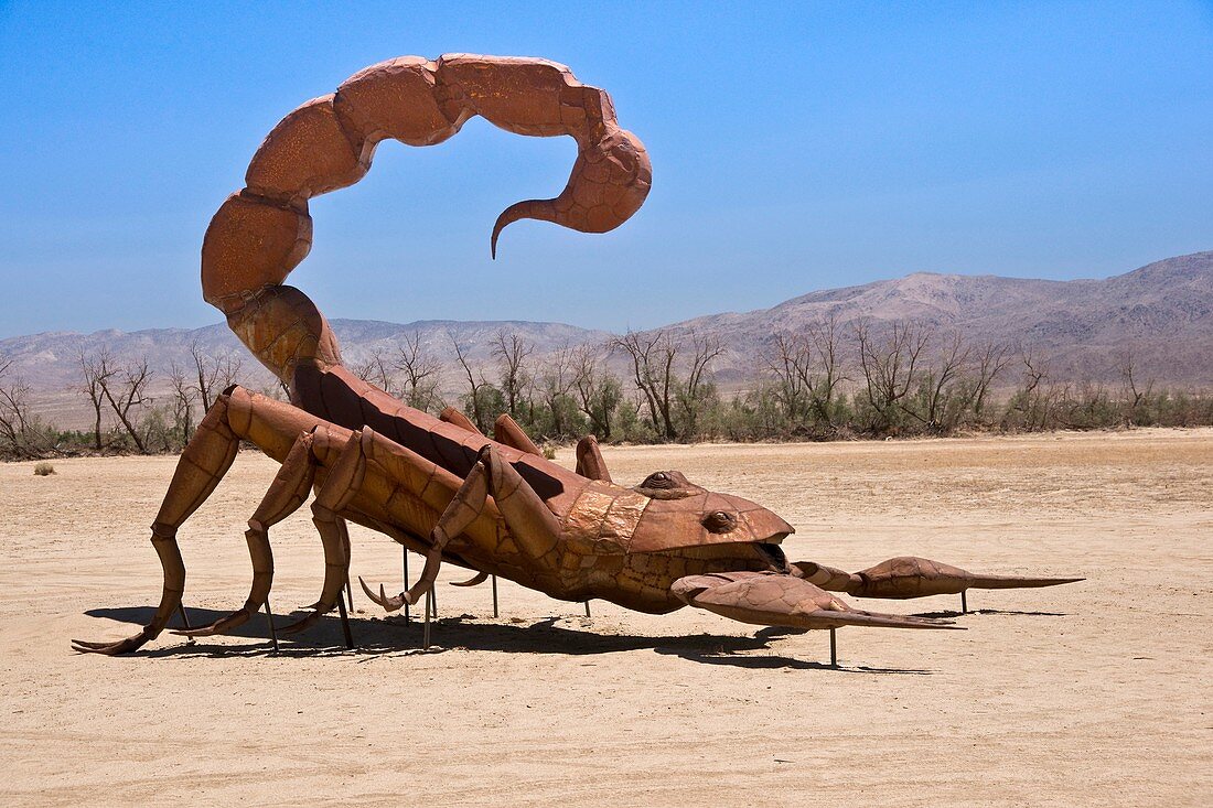 A gigantic prehistoric scorpion sculpture in the Anzo-Borrego desert