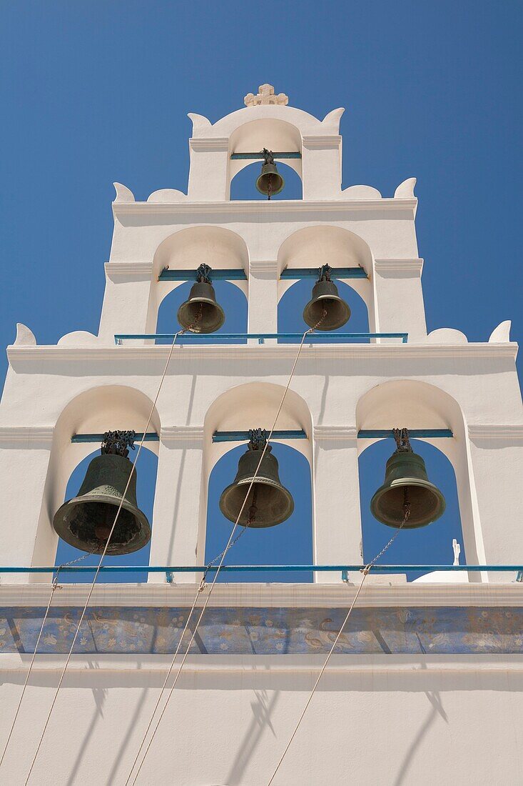 Bell tower of Panagia Platsani Church, Caldera Square, Oia, Santorini, Greece