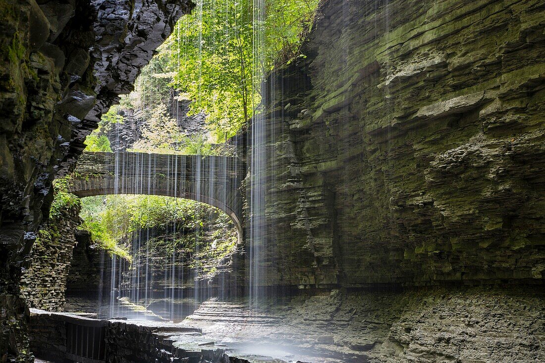 Steep rocky gorge and waterfalls in Watkins Glen State Park in the Finger Lakes region of New York State