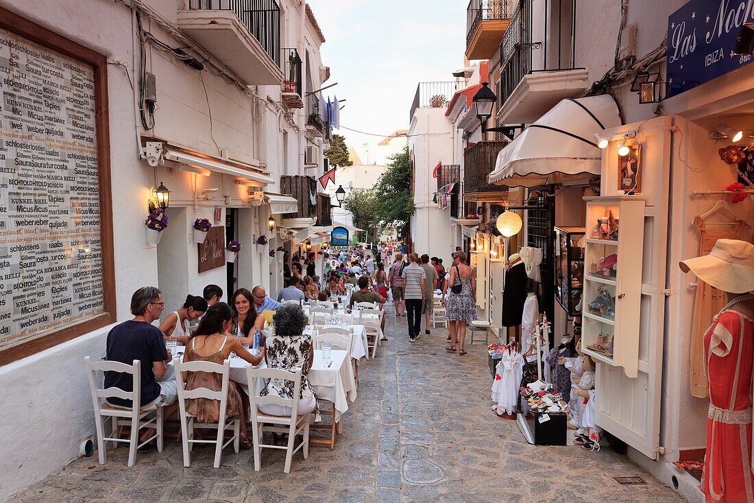 Spain, Balearic Islands, Ibiza, Old town Dalt Vila, outdoor restaurants
