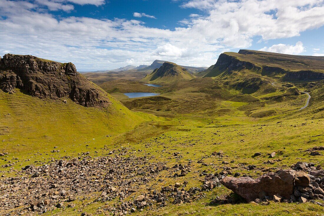 View from The Quiraing, a landslip on the eastern face of Meall na Suiramach over Loch Leum na Luirginn and Loch Cleat, the northernmost summit of the Trotternish Ridge on the Isle of Skye, Scotland, United Kingdom, Europe