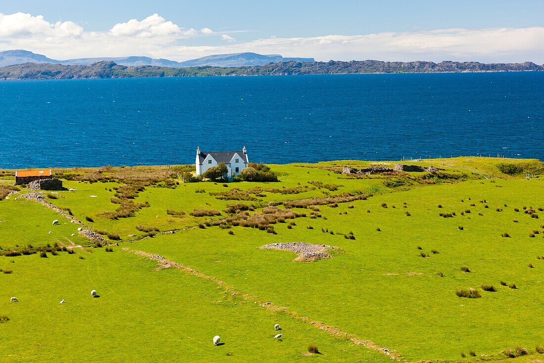 Old farmhouse, Inner Sound towards Island of Raasay, Wester Ross in the North West Highlands of Scotland, United Kingdom, Europe