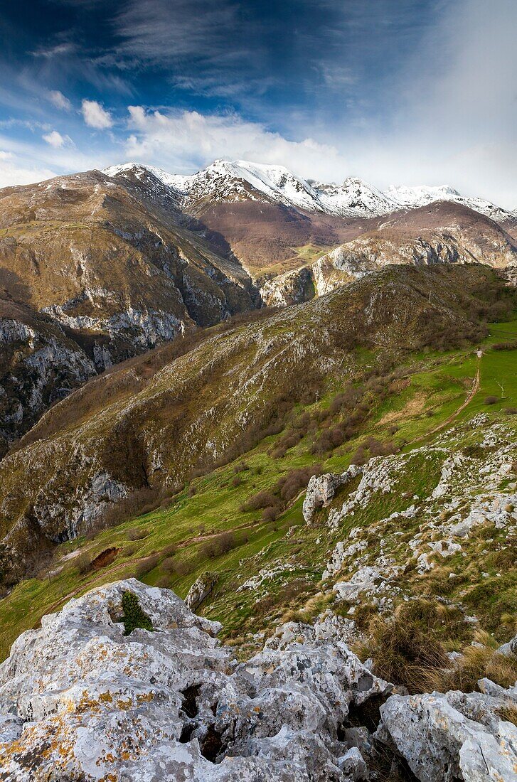 View from Sierra Cocon over Urdon valley, Tresviso, Picos de Europa National Park, Cantabria, Spain