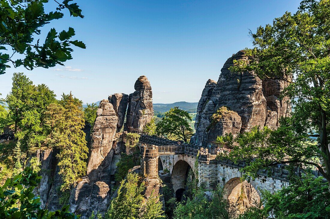 Spectacular rock formation Bastei Bastion and Bastei Bridge It is one of the most visited tourist attractions in the Saxon Switzerland, municipality Lohmen, Saxony, Germany, Europe