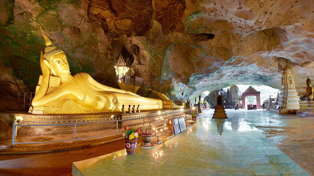 Thailand, Phang Nga Province, Wat Suwan Kuha Cave Temple, Reclining Golden Buddha statue