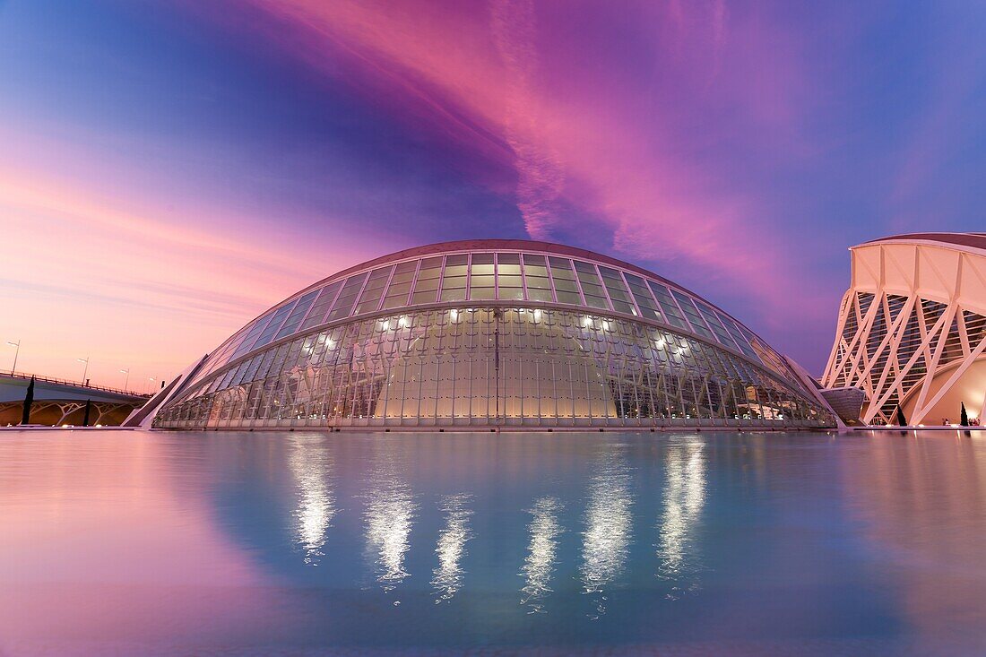 Hemisferic in City of Arts and Sciences in Valencia at red sunset