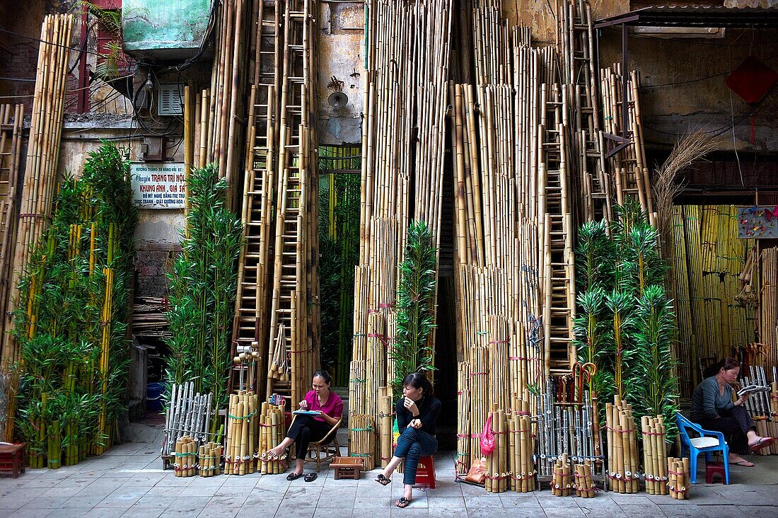 A bamboo store with different size bamboos lined up against the building