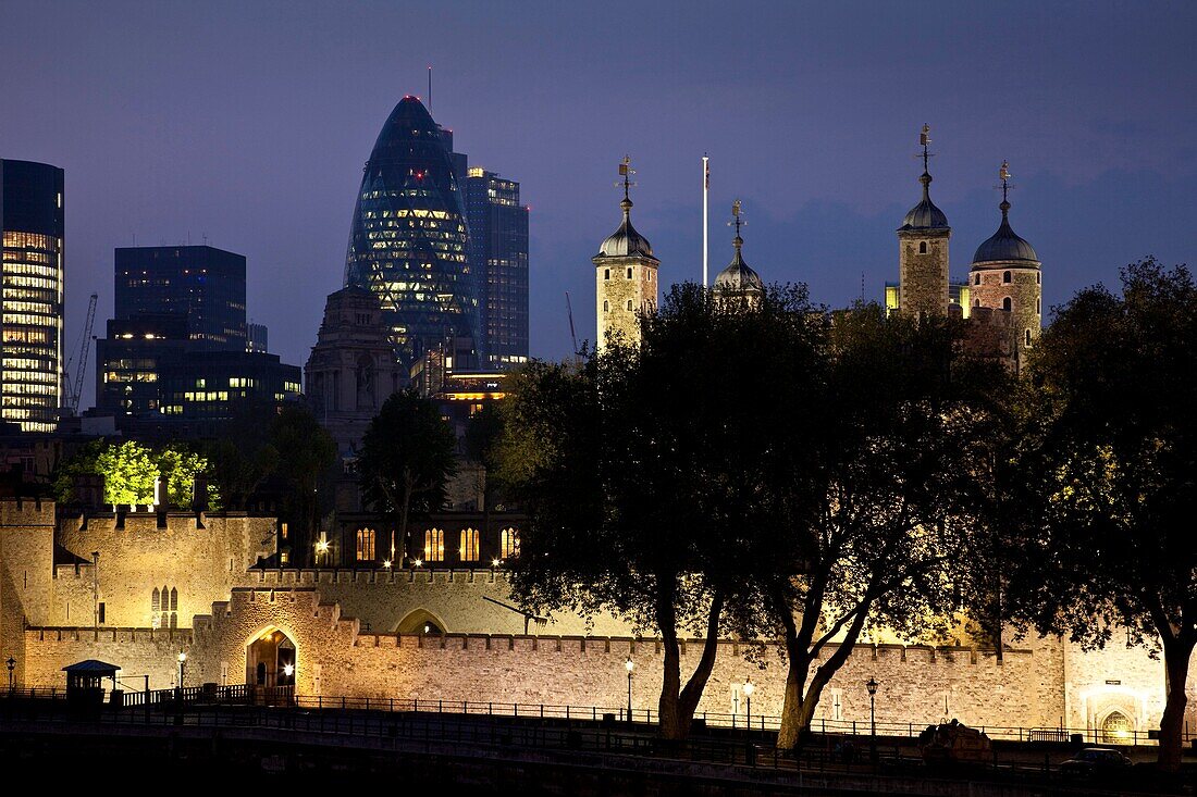 The Tower of London and The City Skyline, London, England