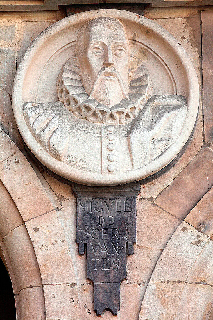 In memory of Miguel de Cervantes in the Plaza Mayor, Salamanca, Castilla y Leon, Spain, Europe