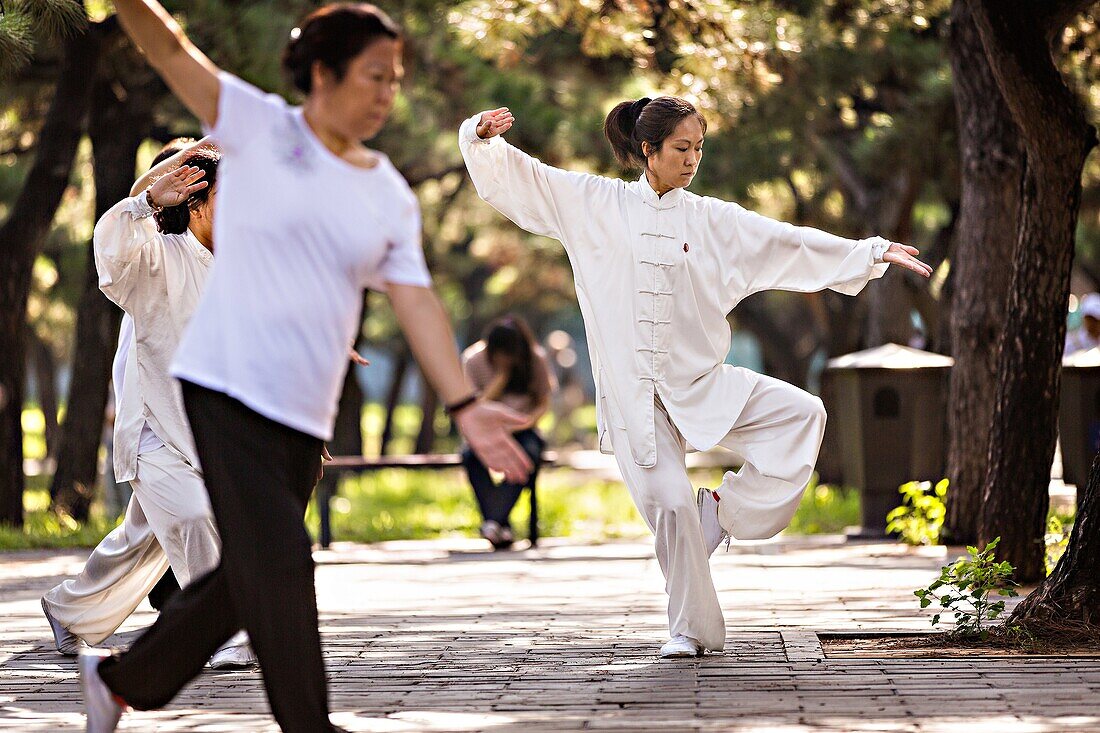 Chinese woman practices tai chi martial arts exercise early morning at the Temple of Heaven Park during summer in Beijing, China