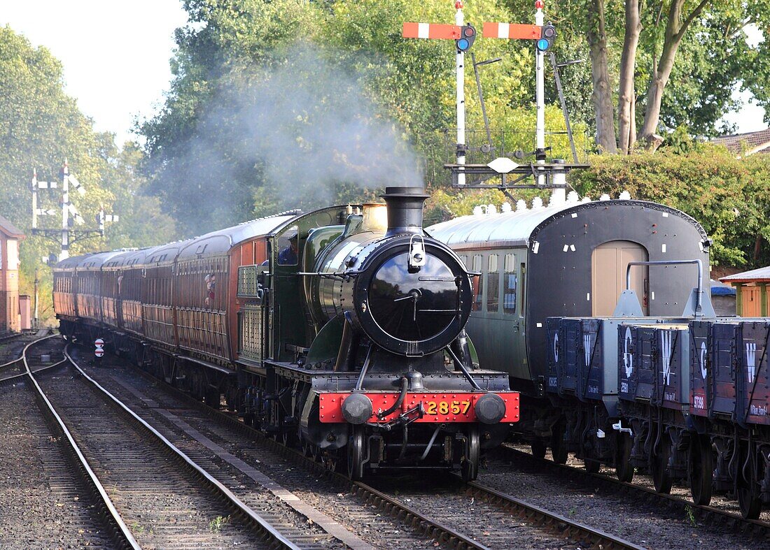 Steam Engine No 2857 enters Bewdley Station on the Severn Valley Railway, Worcestershire, England, Europe