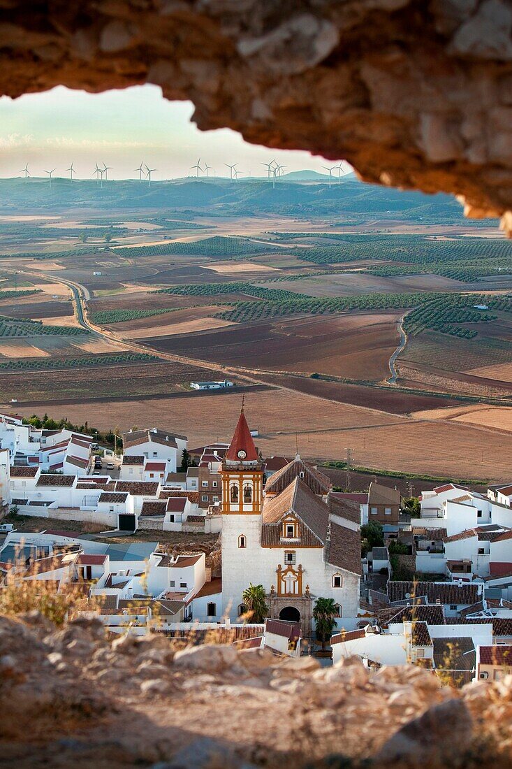 Views of the turbines and Teba, from castle ruins  Teba, Malaga, Andalusia, Spain