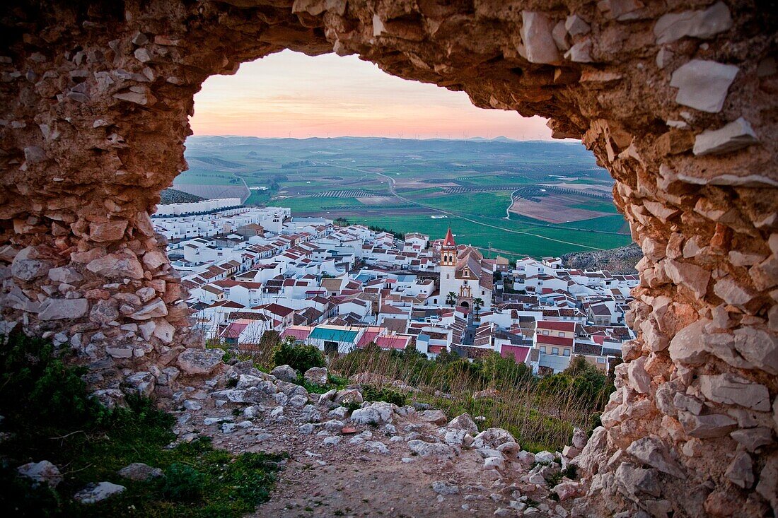 View of Teba and his church, from the ruins castle  Teba, Malaga, Andalusia, Spain