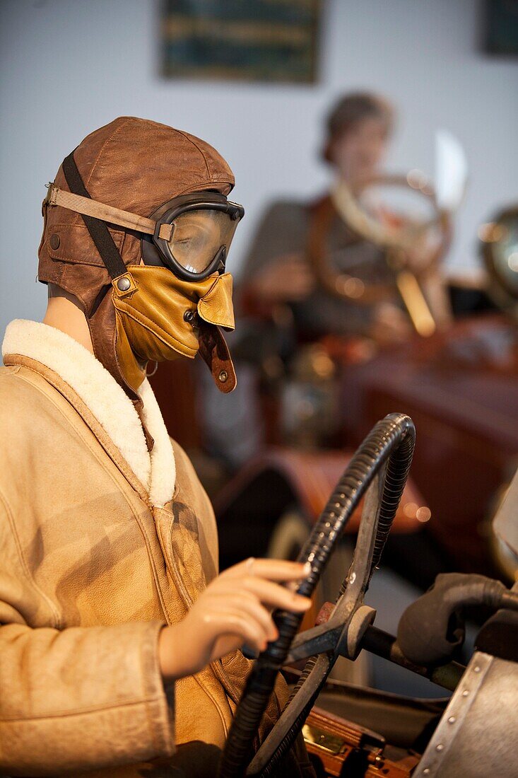 Detail of costumes and kits of two mannequins, in speed car, early 1900  Malaga car museum, Malaga, Costa del Sol, Andalusia, Spain