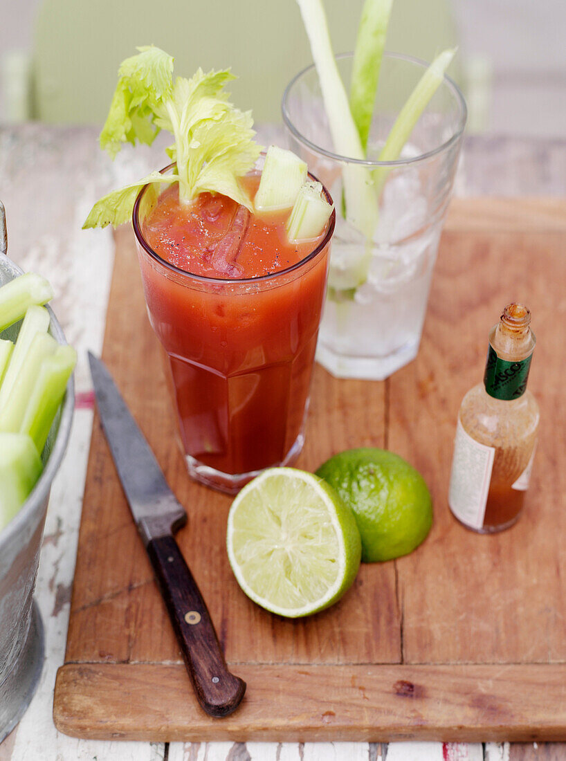 Cocktail with celery, lime and hot sauce. BloodyMary23.jpg, Lime, Hot Sauce, Celery, Tomato Juice