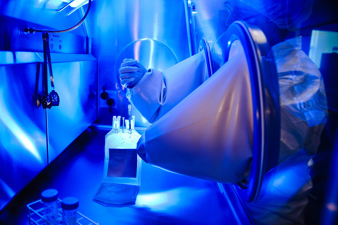 Scientist working in protected chamber. University teaching lab