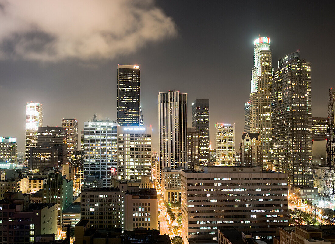 Los Angeles skyscrapers lit up at night. Downtown Los Angeles