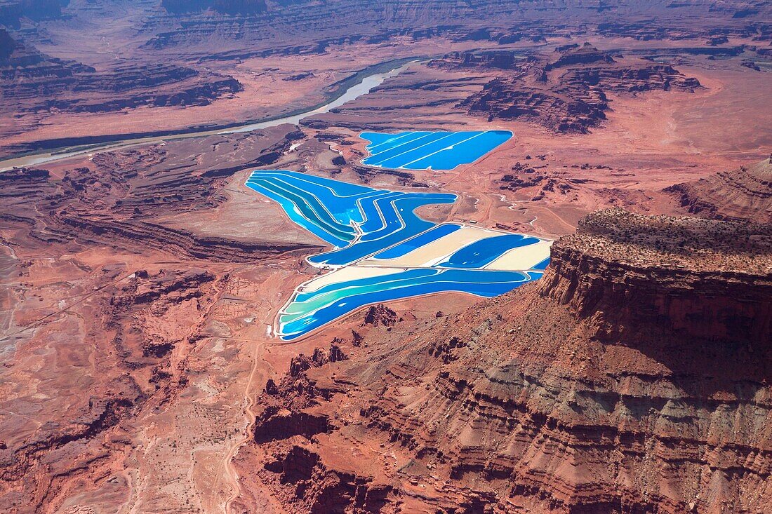 United States, Utah , The Moab or Cane Creek potash mine , Shafer Basin , evaporation ponds , muriate of potash , Cobalt blue dye is added to the water to aid in the absorption of sunlight and evaporation and gives it the striking blue colour