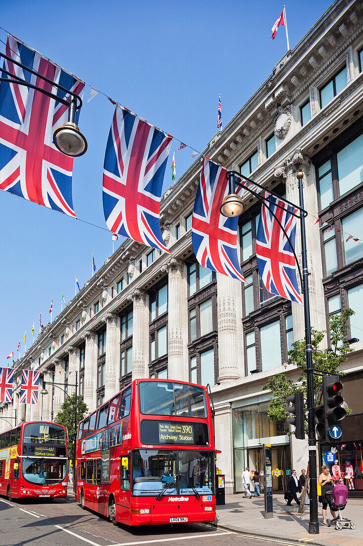 UK, United Kingdom, Great Britain, Britain, England, Europe, London, Oxford Street, Union Jack, Bunting, Flags, Selfridges. UK, United Kingdom, Great Britain, Britain, England, Europe, London, Oxford Street, Union Jack, Bunting, Flags, Selfridges