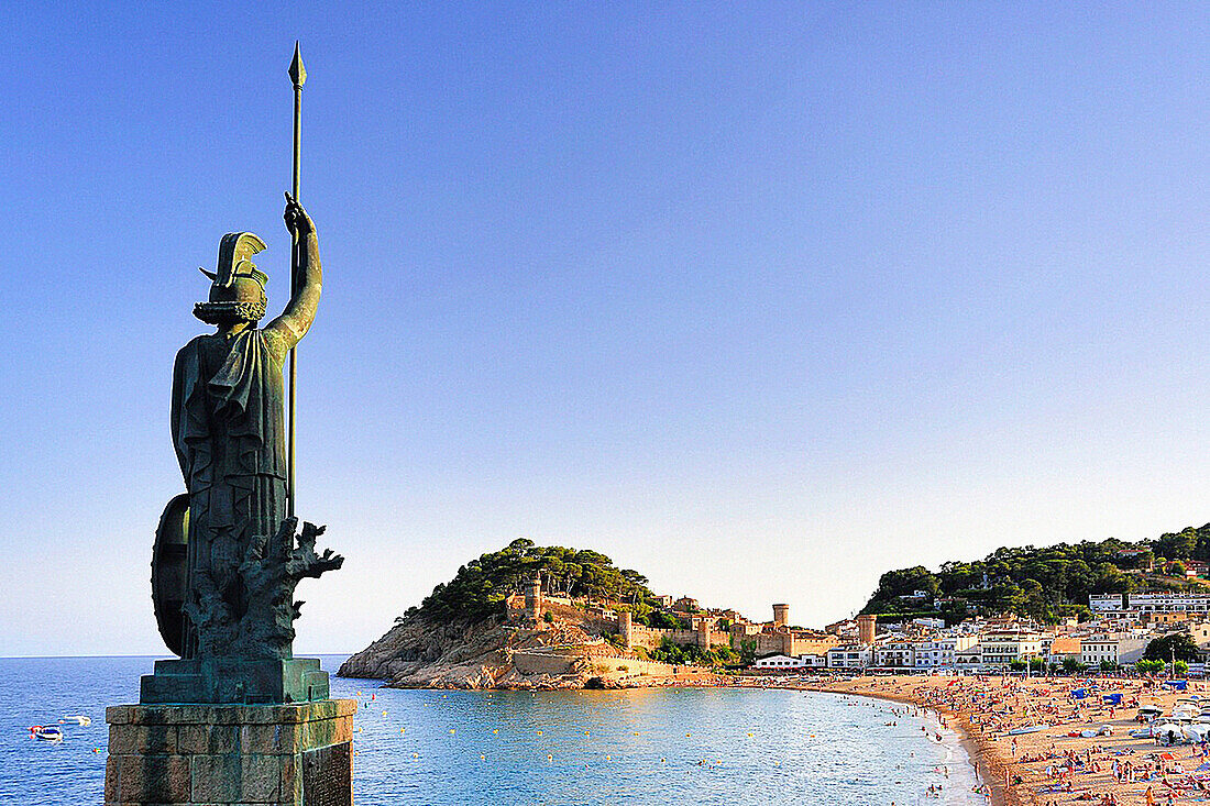 Spain, Europe, Catalonia, Costa Brava Coast, Tossa de Mar, town, Minerva, Statue, Gran Beach, beach, blue, castle, coast, Costa Brava, Mediterranean, Minerva, monument, picturesque, skyline, tourism, travel, vacation, water, sea,. Spain, Europe, Catalonia