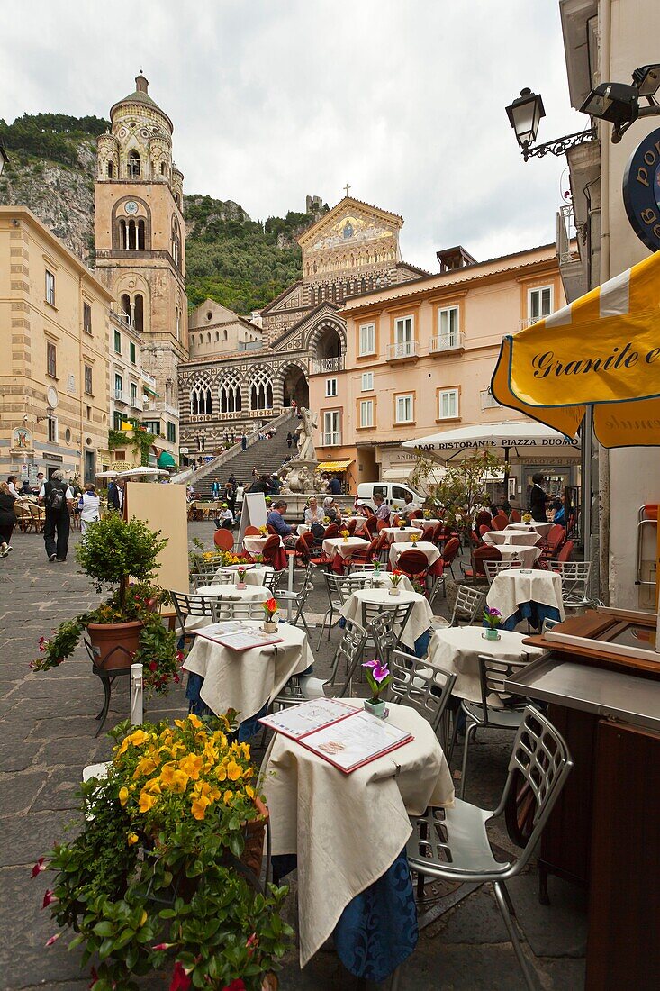 An outdoor restaurant in the town of Amalfi on the Gulf of Salerno in southern Italy