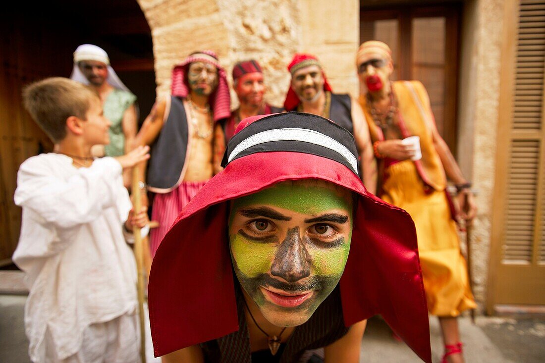 Moors and Christians, Moorish warriors makeup, Pollensa, Sierra de Tramuntana, Majorca, Balearic Islands, Spain