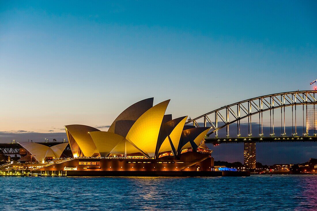 Twilight view of the Sydney harborSydney Opera House and Sydney Harbour Bridge, Sydney, New South Wales, Australia