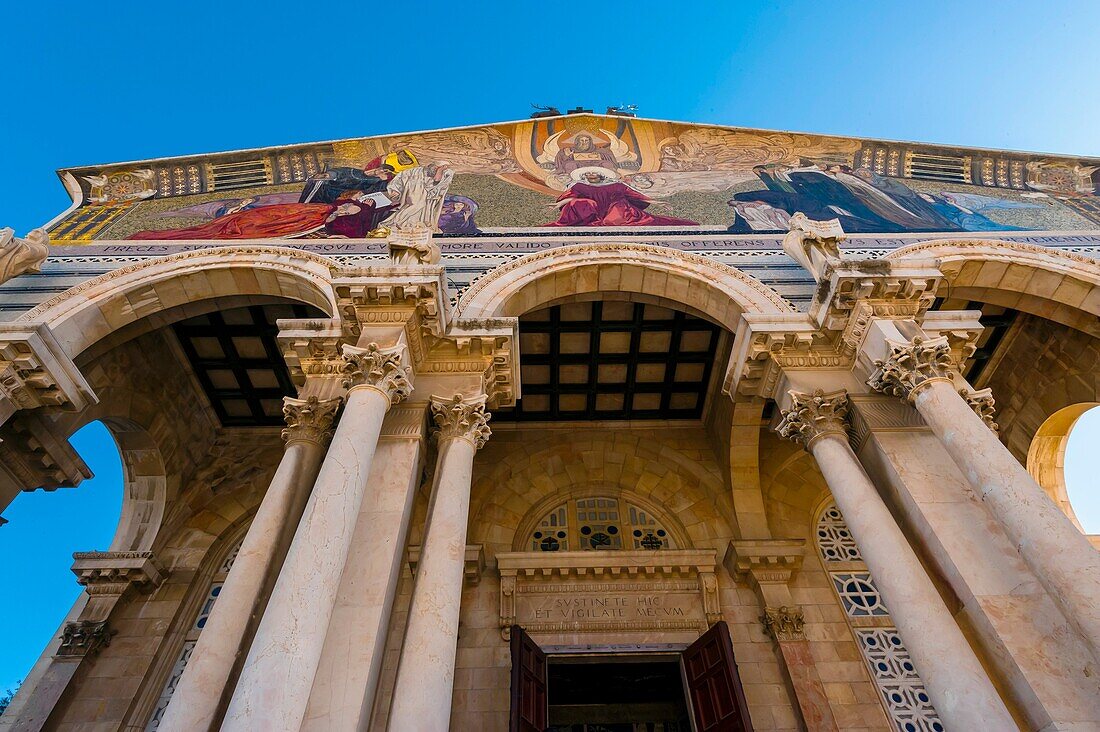 Mosaic on the facade of the Church of All Nations Basilica of the Agony at the bottom of the Mount of Olives, Jerusalem, Israel