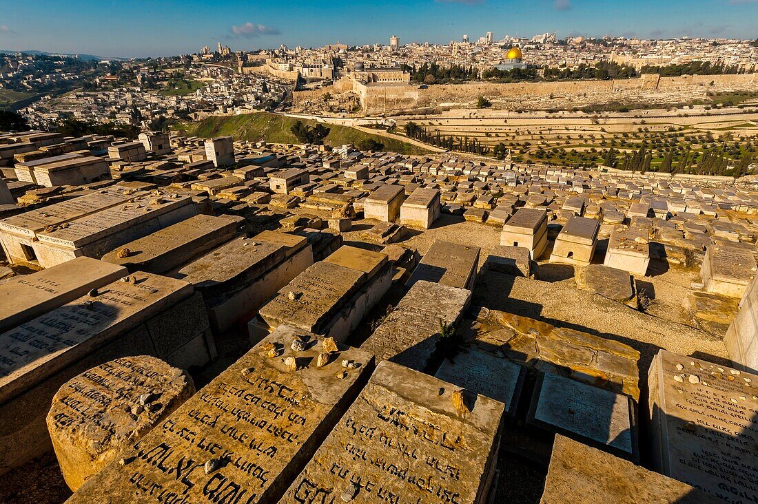 Gravestones 150,000 graves, Jewish Cemetery on the Mount of Olives, with the Dome of the Rock on the Temple Mount in background, Jerusalem, Israel
