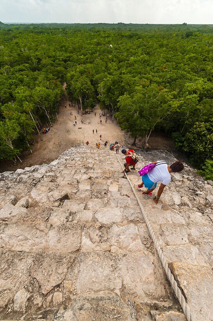 Nohoch Muul Temple, the tallest pyramid at the Coba archaeological site of Pre-Colombian Maya civilization, in the jungle near Riviera Maya, Mexico