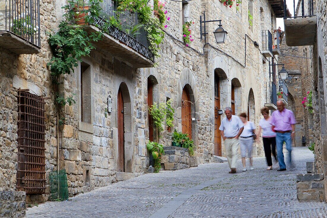 Street in Aínsa, a medieval village in Sobrarbe region, declarated Historical-Artistic Site  Huesca, Aragón, Spain